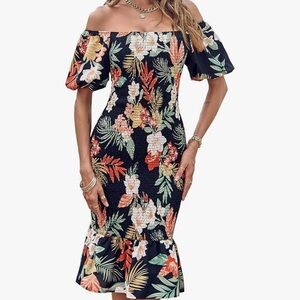 Pretty Garden Summer Floral Bodycon Midi puff sleeve dress size Large